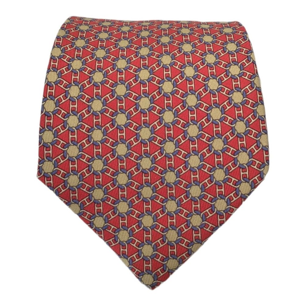 HERMES PARIS Red Geometric Interlocking Chains Silk Tie France 57"/ 3".1/2 EX C